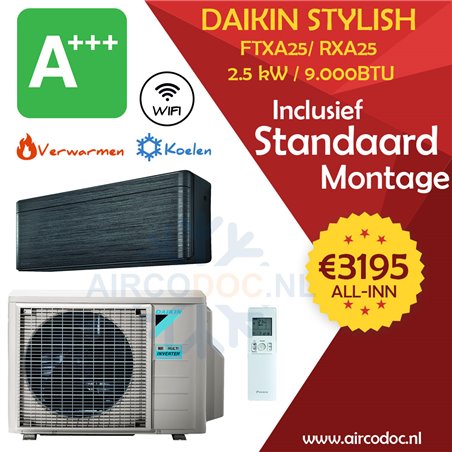 Airco Split Unit - Daikin Stylish RXA25A9 + FTXA25BT - vermogen 2.5 kW - incl. installatie