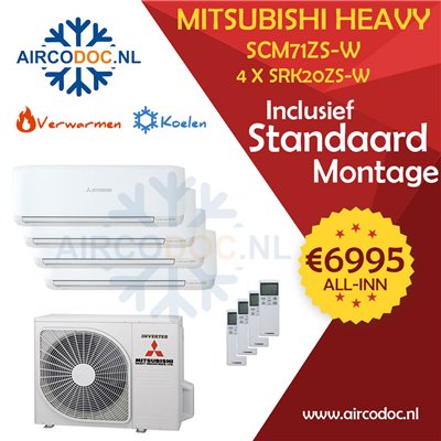 Airco Multi Split - Mitsubishi Heavy industries SCM71ZSX-W + 4 x SRK20ZS-W - vermogen 7.1 KW - incl. installatie Airco Multi Split - Mitsubishi Heavy industries SCM71ZSX-W + 4 x SRK20ZS-W - vermogen 7.1 KW - incl. installatie