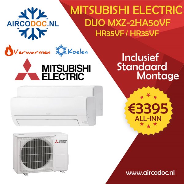 Airco Multi Split - Mitsubishi MXZ-2HA50VF + 2 x MUZ-HR35VF - vermogen 5.0 KW - incl. installatie