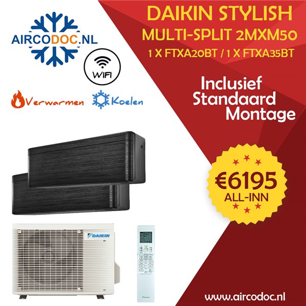 Airco Multi Split - DAIKIN Stylish 2MXM50A + 2 x FTXM20B - vermogen 5.0 kW - incl. installatie