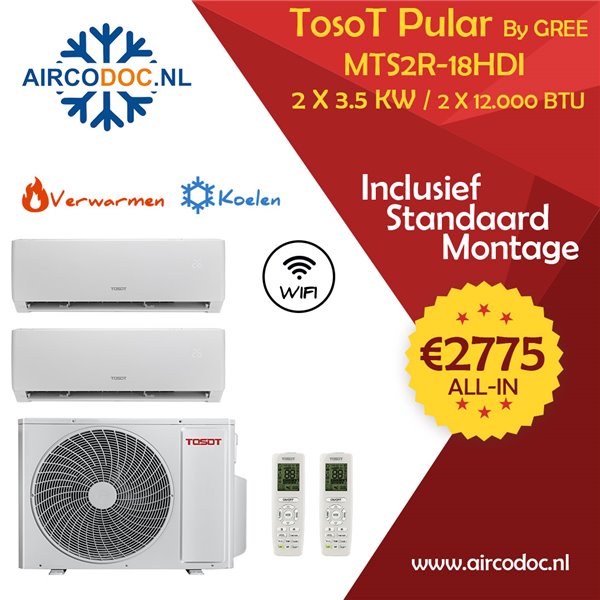 Airco Multi Split - Tosot Pular by GREE - MTS2R-1212 - vermogen 5.0 kW - 2 x 3.5 kW -  incl. installatie