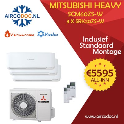 Airco Multi Split - Mitsubishi Heavy industries SCM60ZSX-W + 3 x SRK20ZS-W - vermogen 6.0 KW - incl. installatie Airco Multi Split - Mitsubishi Heavy industries SCM60ZSX-W + 3 x SRK20ZS-W - vermogen 6.0 KW - incl. installatie