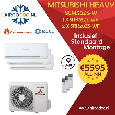 Airco Multi Split - Mitsubishi Heavy industries SCM50ZSX + 2 x SRK20ZS-WF + 1 x SRK35ZS-WF - vermogen 5.0 KW - incl installatie