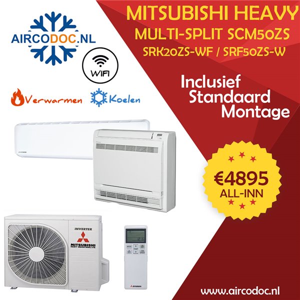 Airco Multi Split - Mitsubishi Heavy industries SCM50ZSX-W + SRK20ZS-W + SRF50ZS-W - vermogen 5.0  KW - incl. installatie