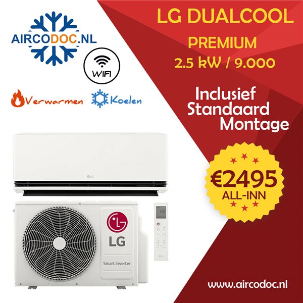 Airco Split Unit - LG Dualcool Premium H12S1P - vermogen 2.5 kW - incl. installatie