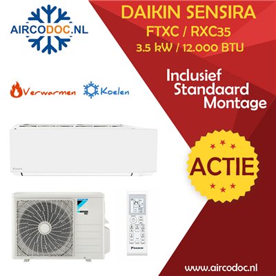 Airco Split Unit - Daikin Sensira FTXC35C + RXC35C- vermogen 3.5 kW - incl. installatie Airco Split Unit - Daikin Sensira FTXC35C + RXC35C- vermogen 3.5 kW - incl. installatie