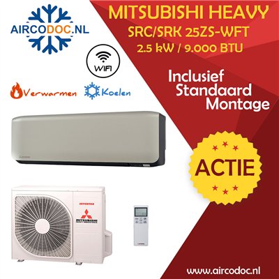 Airco Split Unit - Mitsubishi Heavy industries SRC25ZS-W + SRK25ZS-WFT - Titanium - vermogen 2.5 KW - incl. installatie
