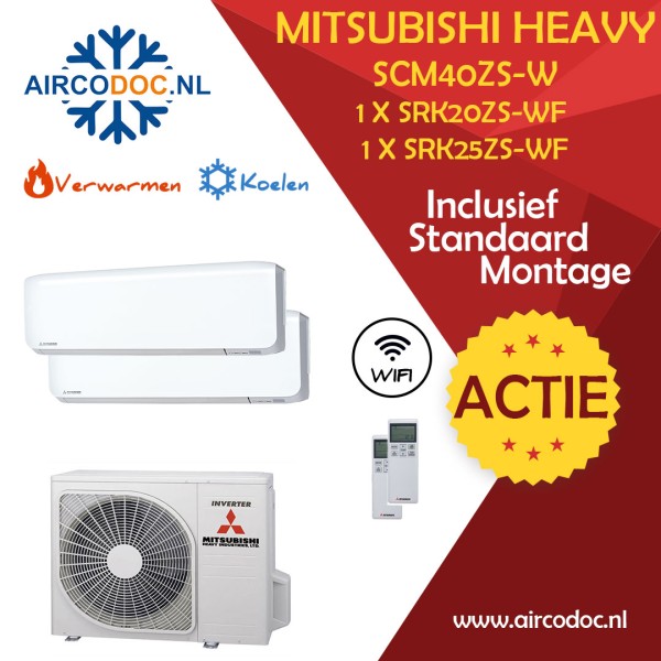 Airco Multi Split - Mitsubishi Heavy industries SCM40ZSX-W + SRK20ZS-WF + SRK25ZS-WF - vermogen 4.0 KW - incl. installatie