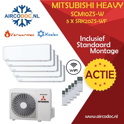 Airco Multi Split - Mitsubishi Heavy industries SCM10ZSX-W + 5 x SRK20ZS-WF - vermogen 10.0 KW - incl. installatie