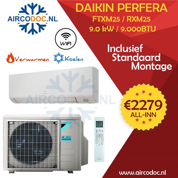 Airco Split Unit - Daikin Perfera RXM25 + FTXM25 - vermogen 2.5 kW  - incl. installatie