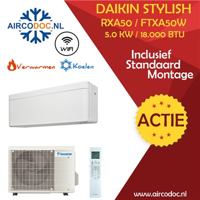 Airco Split Unit - Daikin Stylish RXA50 + FTXA50W - vermogen 5.0 kW - incl. installatie