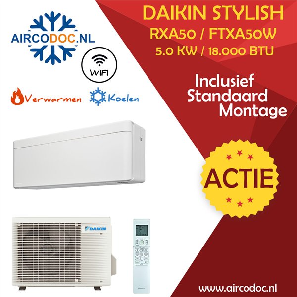 Airco Split Unit - Daikin Stylish RXA50 + FTXA50W - vermogen 5.0 kW - incl. installatie