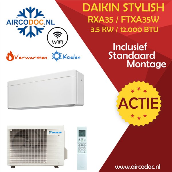 Airco Split Unit - Daikin Stylish RXA35 + FTXA35w - vermogen 3.5 kW - incl. installatie