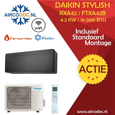 Airco Split Unit - Daikin Stylish RXA42 + FTXA42B - vermogen 4.2 kW - incl. installatie