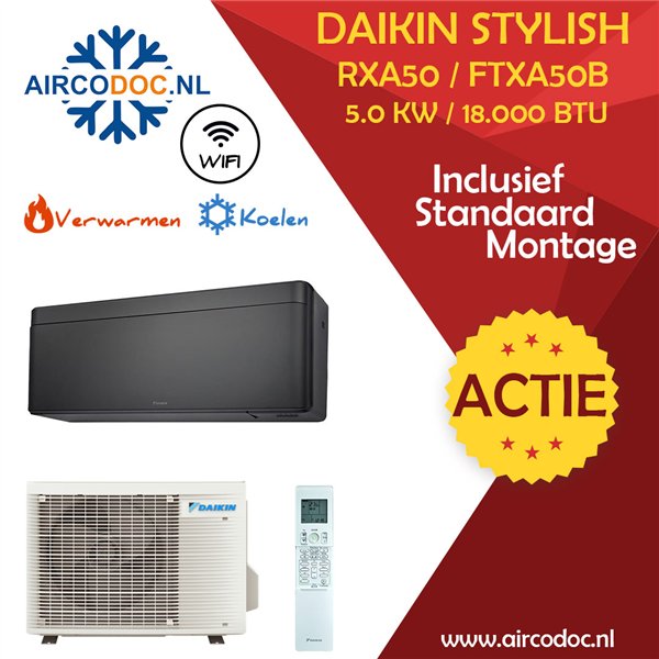 Airco Split Unit - Daikin Stylish RXA50 + FTXA50B - vermogen 5.0 kW - incl. installatie