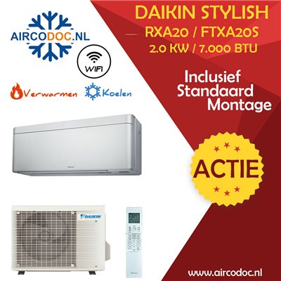 Airco Split Unit - Daikin Stylish RXA20 + FTXA20S - vermogen 2.0 kW - incl. installatie