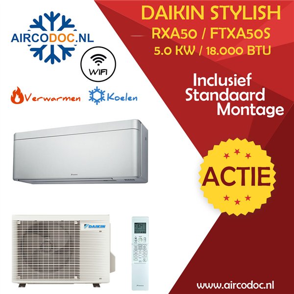 Airco Split Unit - Daikin Stylish RXA50 + FTXA50S - vermogen 5.0 kW - incl. installatie