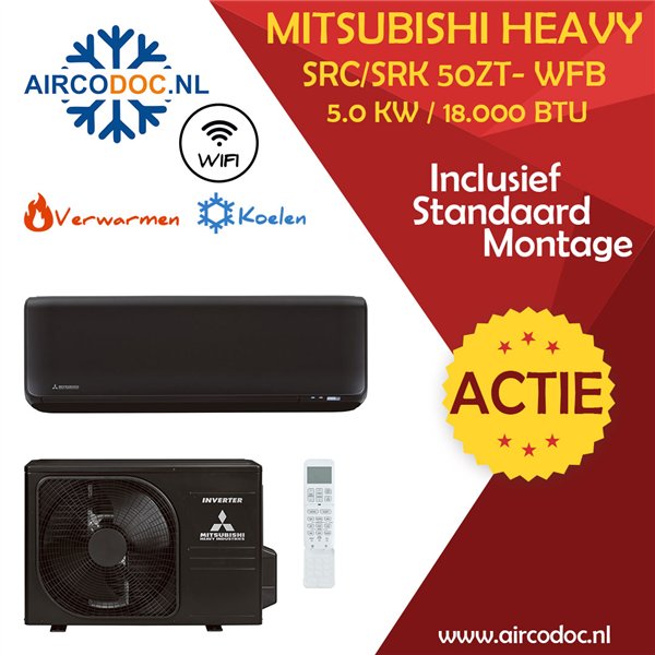 Airco Split Unit - Mitsubishi Heavy industries SRC/SRK 50ZT-WFB - vermogen 5.0 kW - incl. montage