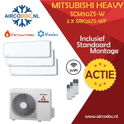 Airco Multi Split - Mitsubishi Heavy industries SCM50ZSX-W + 3 x SRK25ZS-WF - vermogen 5.0 KW - incl. installatie