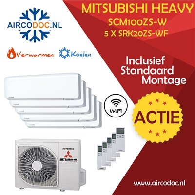 Airco Multi Split - Mitsubishi Heavy industries SCM10ZSX-W + 5 x SRK20ZS-WF - vermogen 10.0 KW - incl. installatie