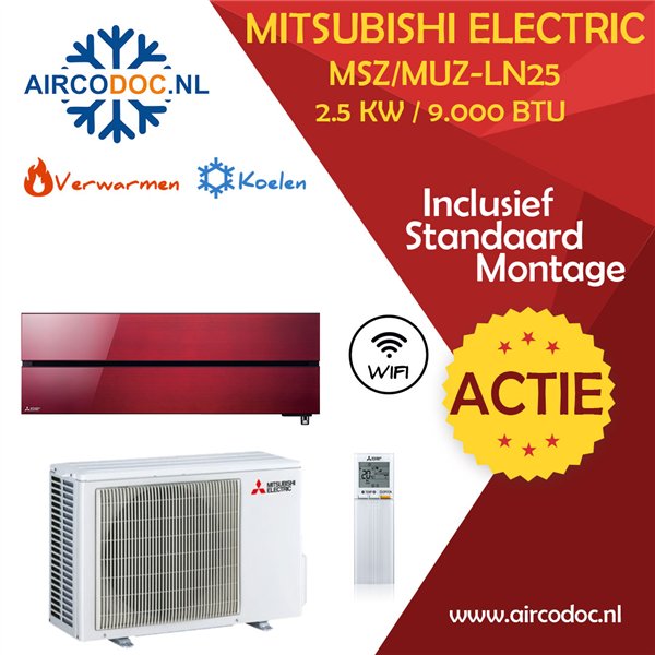 Mitsubishi Electric MSZ-LN25 + MUZ-LN25 - Rood – 2.5 kW – Split unit airco – Inclusief installatie