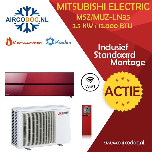 Mitsubishi Electric MSZ-LN35 + MUZ-LN35 - Rood – 3.5 kW – Split unit airco – Inclusief installatie