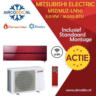 Mitsubishi Electric MSZ-LN50 + MUZ-LN50 - Rood – 5.0 kW – Split unit airco – Inclusief installatie