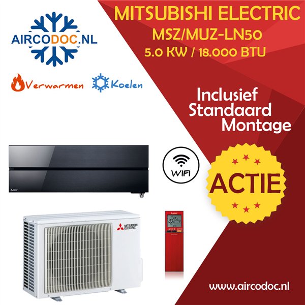 Mitsubishi Electric MSZ-LN50 + MUZ-LN50 - Zwart – 5.0 kW – Split unit airco – Inclusief installatie