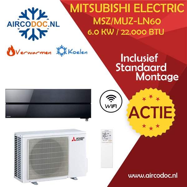 Mitsubishi Electric MSZ-LN60 + MUZ-LN60 - Zwart – 6.0 kW – Split unit airco – Inclusief installatie
