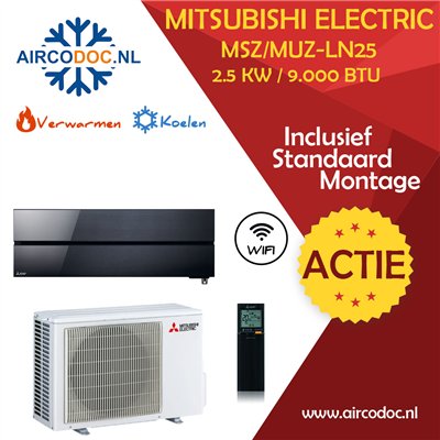 Mitsubishi Electric MSZ-LN25 + MUZ-LN25 - Zwart – 2.5 kW – Split unit airco – Inclusief installatie