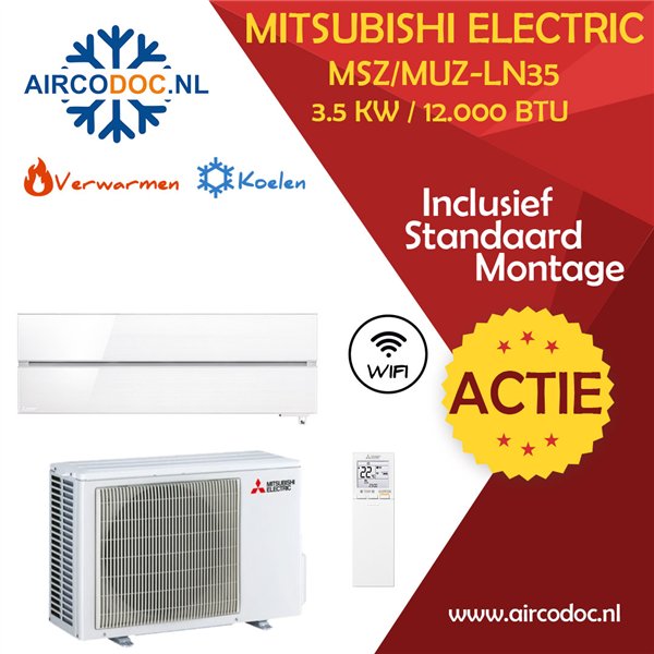 Mitsubishi Electric MSZ-LN35 + MUZ-LN35 - Parelmoer – 3.5 kW – Split unit airco – Inclusief installatie