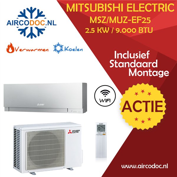 Mitsubishi Electric MSZ-EF25 + MUZ-EF25 – Zilver - 2.5 kW – Split unit airco – Inclusief installatie
