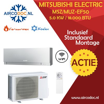 Mitsubishi Electric MSZ-EF42 + MUZ-EF42 – Zilver – 4.2 kW – Split unit airco – Inclusief installatie