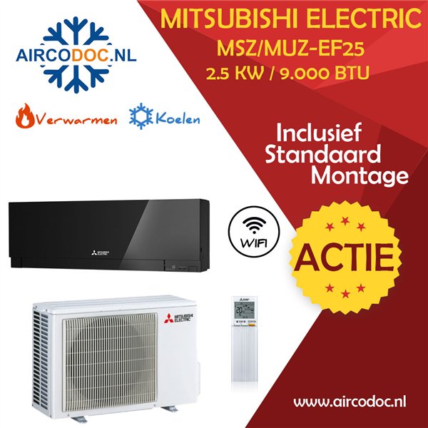 Mitsubishi Electric MSZ-EF25 + MUZ-EF25 – Zwart - 2.5 kW – Split unit airco – Inclusief installatie