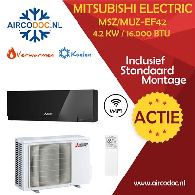Mitsubishi Electric MSZ-EF42 + MUZ-EF42 – Zwart – 4.2 kW – Split unit airco – Inclusief installatie
