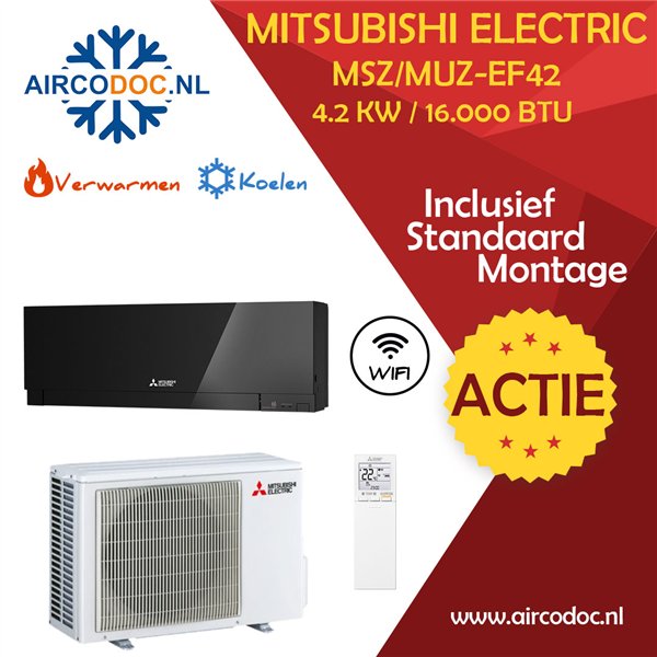 Mitsubishi Electric MSZ-EF42 + MUZ-EF42 – Zwart – 4.2 kW – Split unit airco – Inclusief installatie