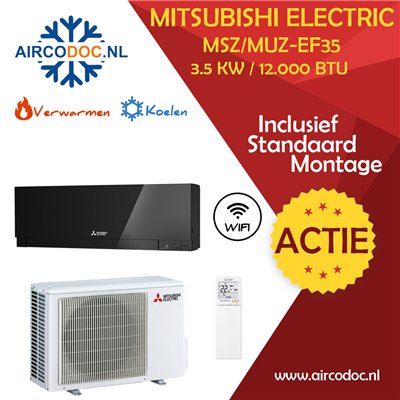 Mitsubishi Electric MSZ-EF35 + MUZ-EF35 – Zwart – 3.5 kW – Split unit airco – Inclusief installatie