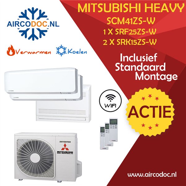 Airco Multi Split - Mitsubishi Heavy industries SCM41ZSX-W + 2 x SRK15ZS-WF / SRF25ZS-W - vermogen 4.1 KW - incl. installatie