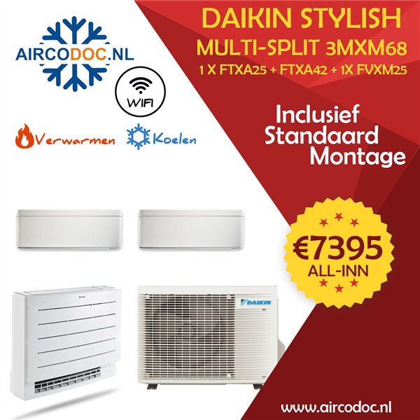 Airco Multi Split - DAIKIN Stylish - 3MXM68 + 1 x FTXA25 + FTXA42 + FVXM25 - vermogen 6.8 kW - incl. installatie