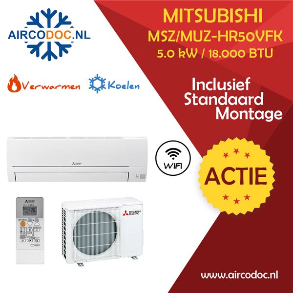 Airco Split Unit - Mitsubishi MUZ-HR50VF + MSZ-HR50VF - vermogen 5.0 KW - incl. installatie