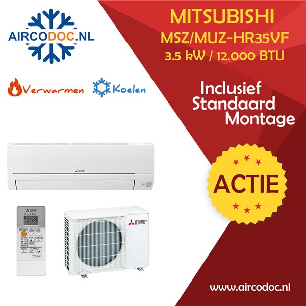 Airco Split Unit - Mitsubishi Electric MUZ-HR35VF + MSZ-HR35VF - vermogen 3.5 KW - incl. installatie