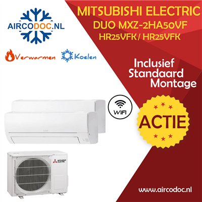 Airco Multi Split - Mitsubishi MXZ-2HA50VF + 2 x MUZ-HR25VF - vermogen 5.0 KW - incl. installatie