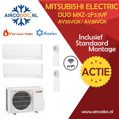 Airco Multi Split - Mitsubishi MXZ-2F53VF4 + 1 x MSZ-AY25VGK + 1 x MSZ-AY35VGK - vermogen 5.3 KW - incl. installatie