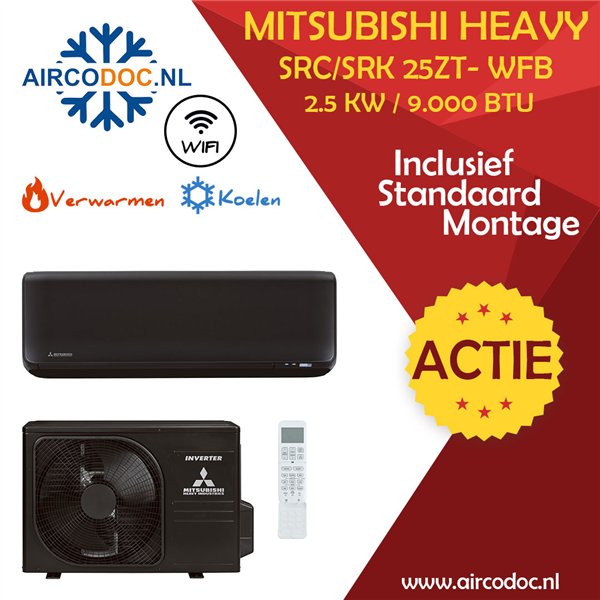 Airco Split Unit - Mitsubishi Heavy industries SRC/SRK 25ZT-WFB - vermogen 2.5 kW - incl. montage