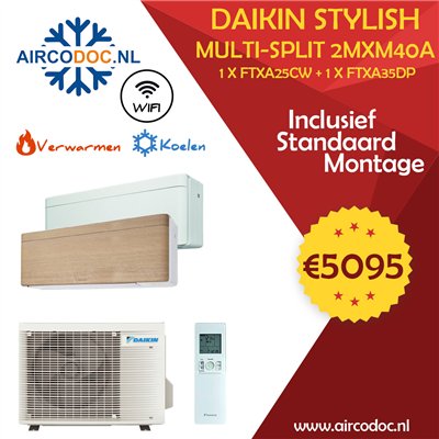 Airco Multi Split - DAIKIN Stylish 2MXM40A + 1 x FTXA25CW + FTXA35DP - vermogen 4.0 kW - incl. installatie