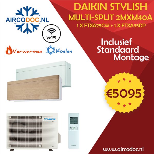 Airco Multi Split - DAIKIN Stylish 2MXM40A + 1 x FTXA25CW + FTXA35DP - vermogen 4.0 kW - incl. installatie